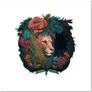 Lion in flowers Posters and Art